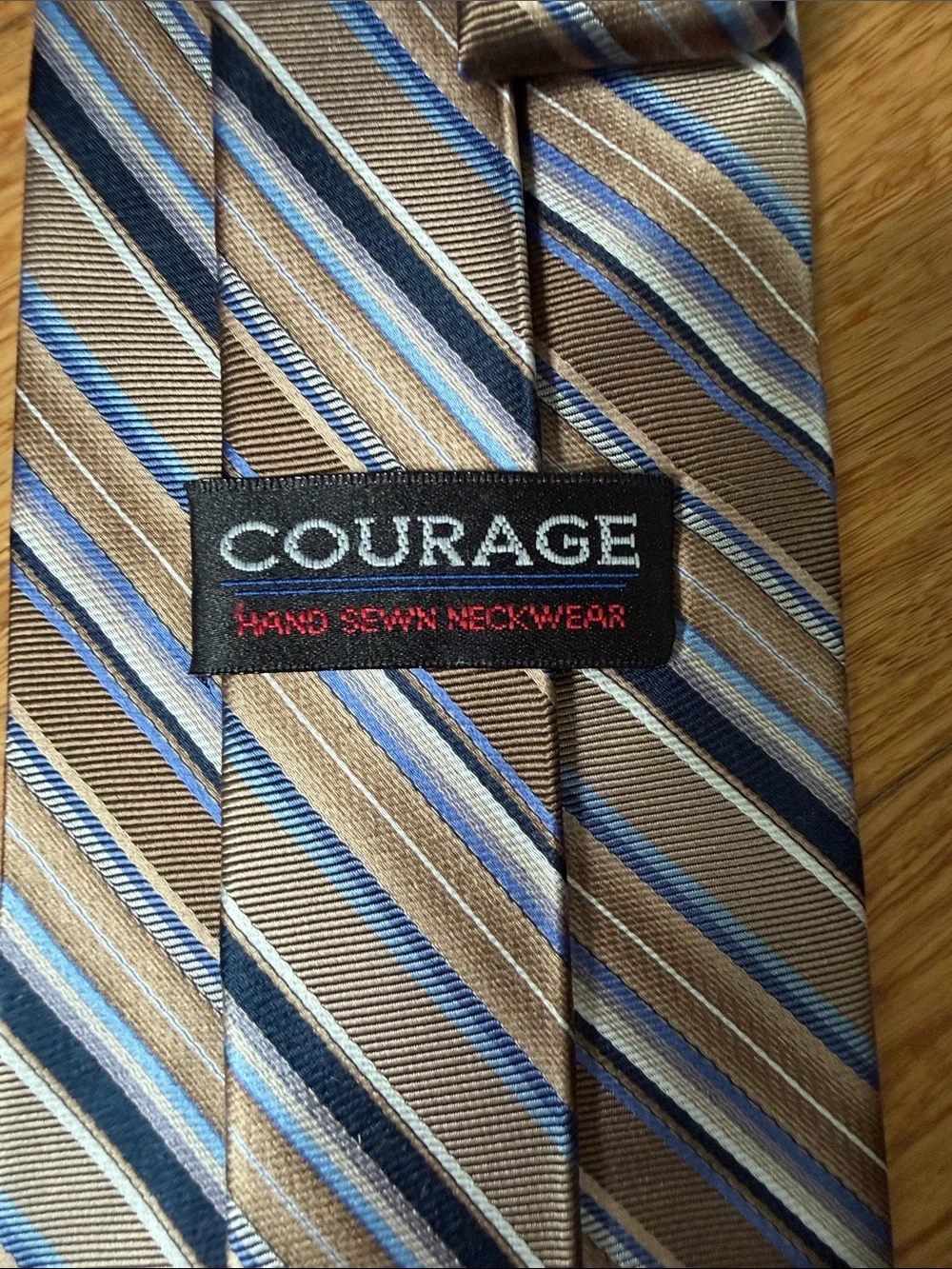 (10t) Courage Hand Sewn Neckwear 100% Silk Handmade Brown Blue Diag Stripe tie
